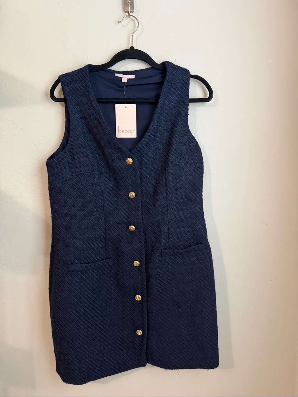 BeBop Navy Textured Sleeveless Button-Front Mini Dress